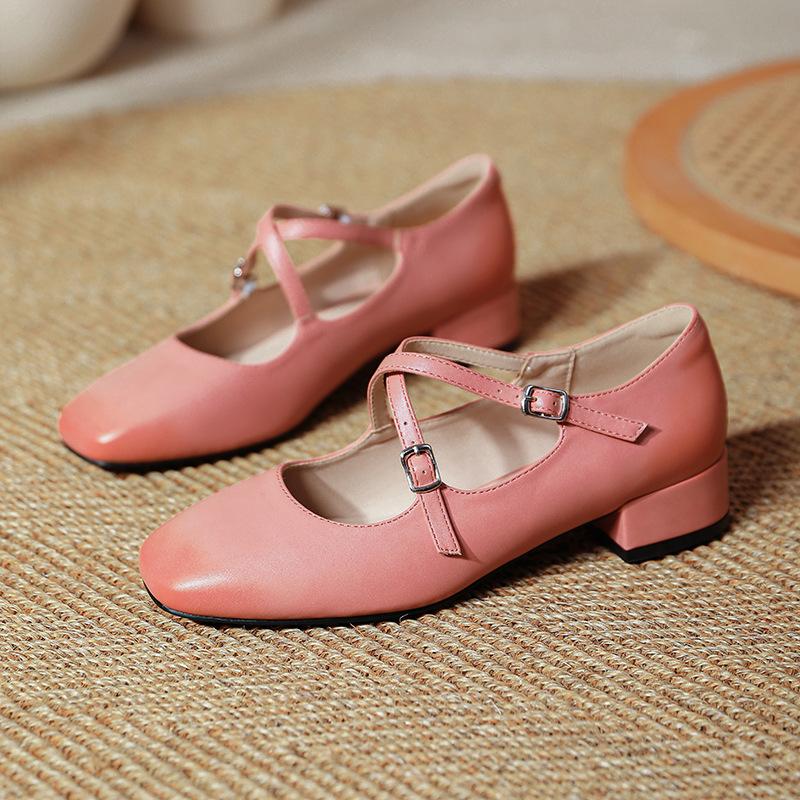 Ballerines Mary Jane Rétro pour Femmes : Pointe carrée Marron Rouge Sangle Croisée, Style Ballet Minimaliste, Culte sur Internet pour Quotidien/Bureau/Décontracté XW-5537-2
