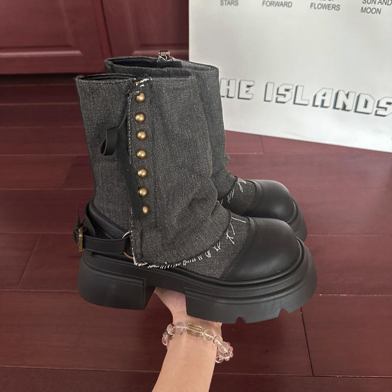 

Дизайнерский стиль~ Брюки-ботинки на толстой подошве Женские 2025 Новые Осенне-зимние Западный ковбойский Ретро Сборчатые Ботинки Мартин средней высоты 39