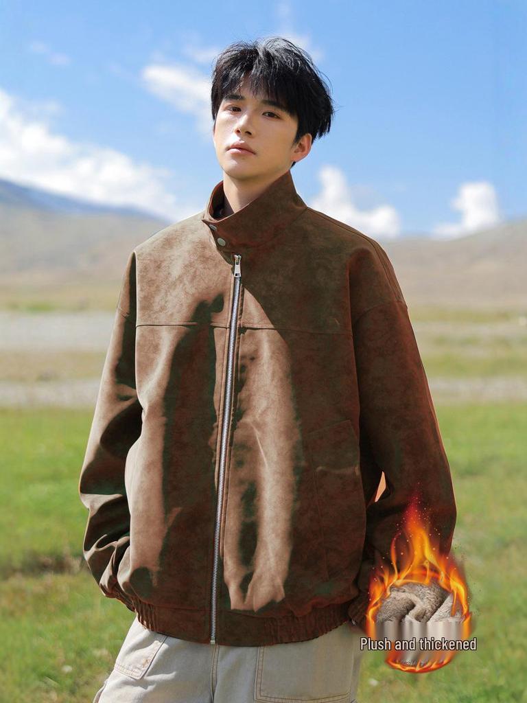 Men's Suede Jacket with Fleece, Thickened Stand-Up Collar - Trendy Warm Autumn/Winter Casual Jacket for Young Men