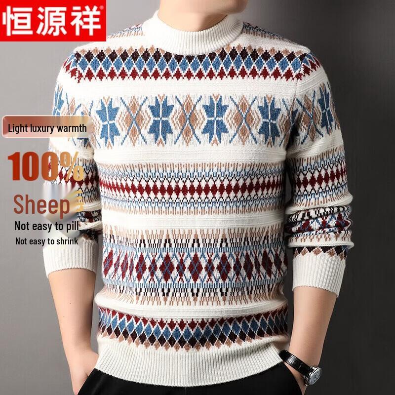 Hengyuanxiang Men s Autumn/Winter Mock Neck Thickened Wool Sweater with Geometric Pattern 3XL 190/104A