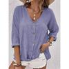 Women's V-Neck Three Quarter Sleeve Casual Loose Fit Button Down Blouse Shirt