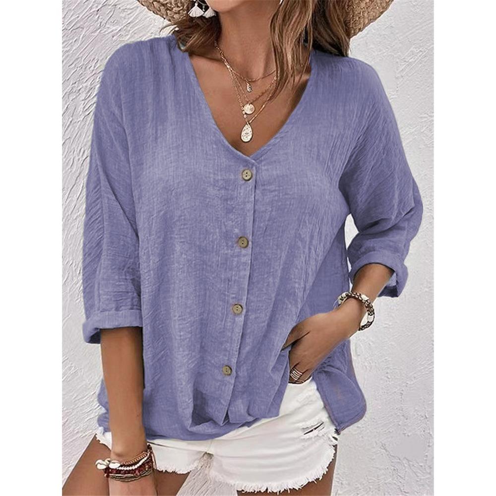 Women's V-Neck Three Quarter Sleeve Casual Loose Fit Button Down Blouse Shirt