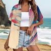 Women's Casual Summer Beach Shirt Short Sleeve Textured Print Button Down Shirt Lightweight Loose Fit Blouse for Outdoor Wear