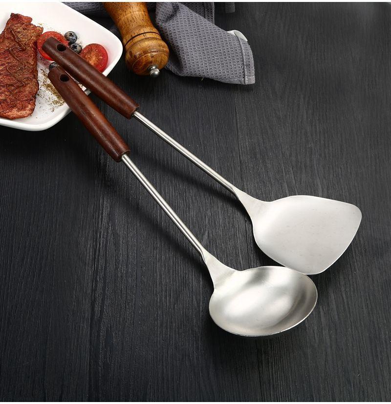 Stainless Steel Kitchen Spatula & Soup Ladle with Wooden Heat Resistant Handle