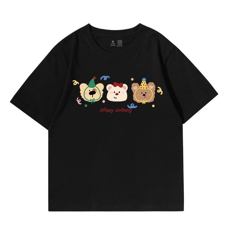 New Korean age-reducing bear print black short-sleeved t-shirt women's loose fat mm large size cotton top summer
