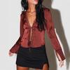 Women S V Neck Long Sleeve Lace Bow Open Front Top