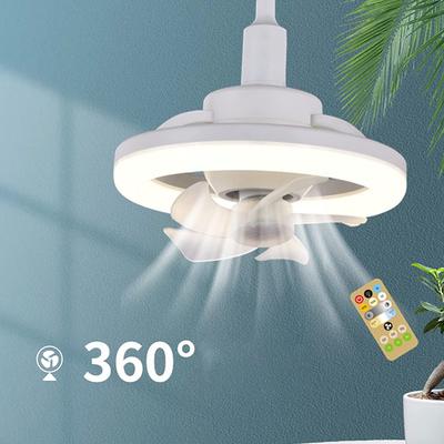 Ventilador de techo regulable con luz, lámpara LED E27, rotación de 360 ​​grados con control remoto, 3 velocidades de viento, para