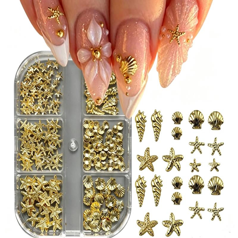 6 Grilles Charms 3D pour Ongles Coquillage Doré Étoile de Mer Conque Décor pour Manucure DIY Design Débutants