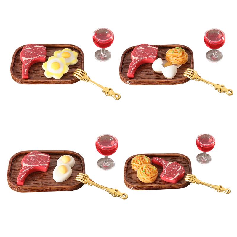 1Set Dollhouse Simulated Steak Red Wine Glass Pasta Kit Model Dollhouse Kitchen Food Decoration Toy Dolls House Accessoreis
