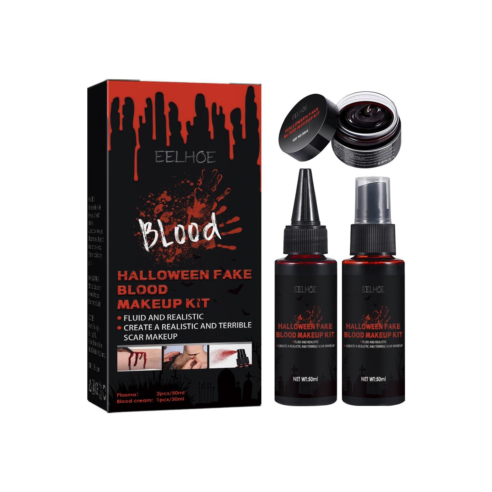 

3PCS Fake Blood Makeup Kit-Coagulated Blood 30ml+Fake Blood Spray 0ml+Dripping Blood 0ml, Realistic Washable Special Effects SFX Makeup Set чорний