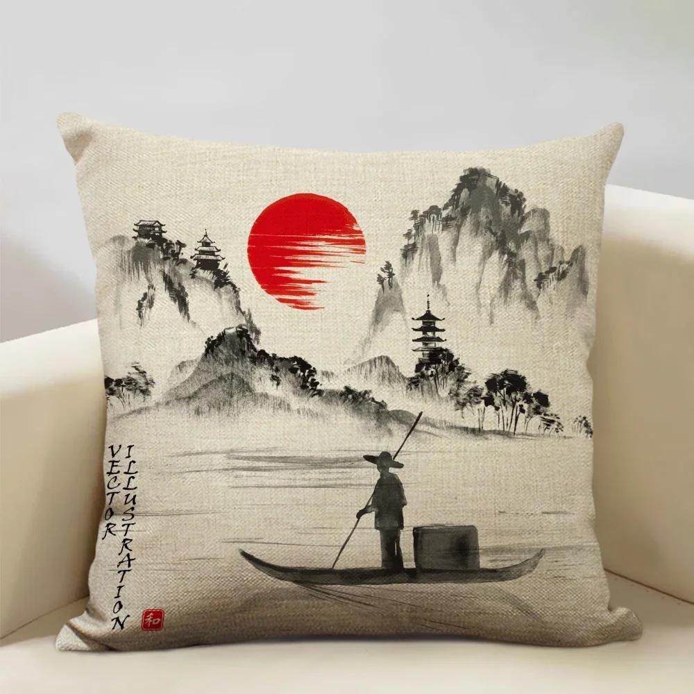 Japan Mount Fuji Ukiyo-e Retro Cushion Cover Sofa Pillowcase Home Decor Pillow Case 45x45cm Linen Home Textile Products