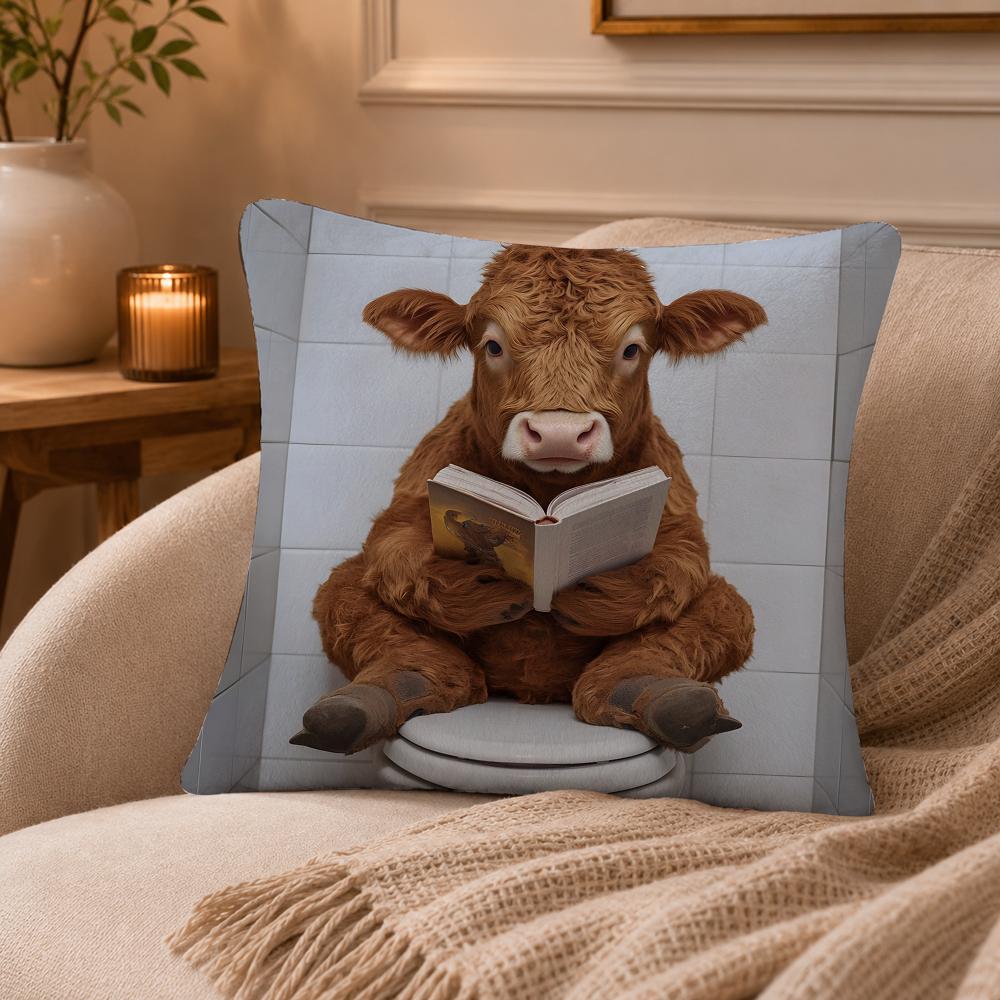 Bathroom Cat Reading On Toilet Cushion Cover Anti-dustmite Pillowcase Invisible zipper silky short plush Sofa cushion cover