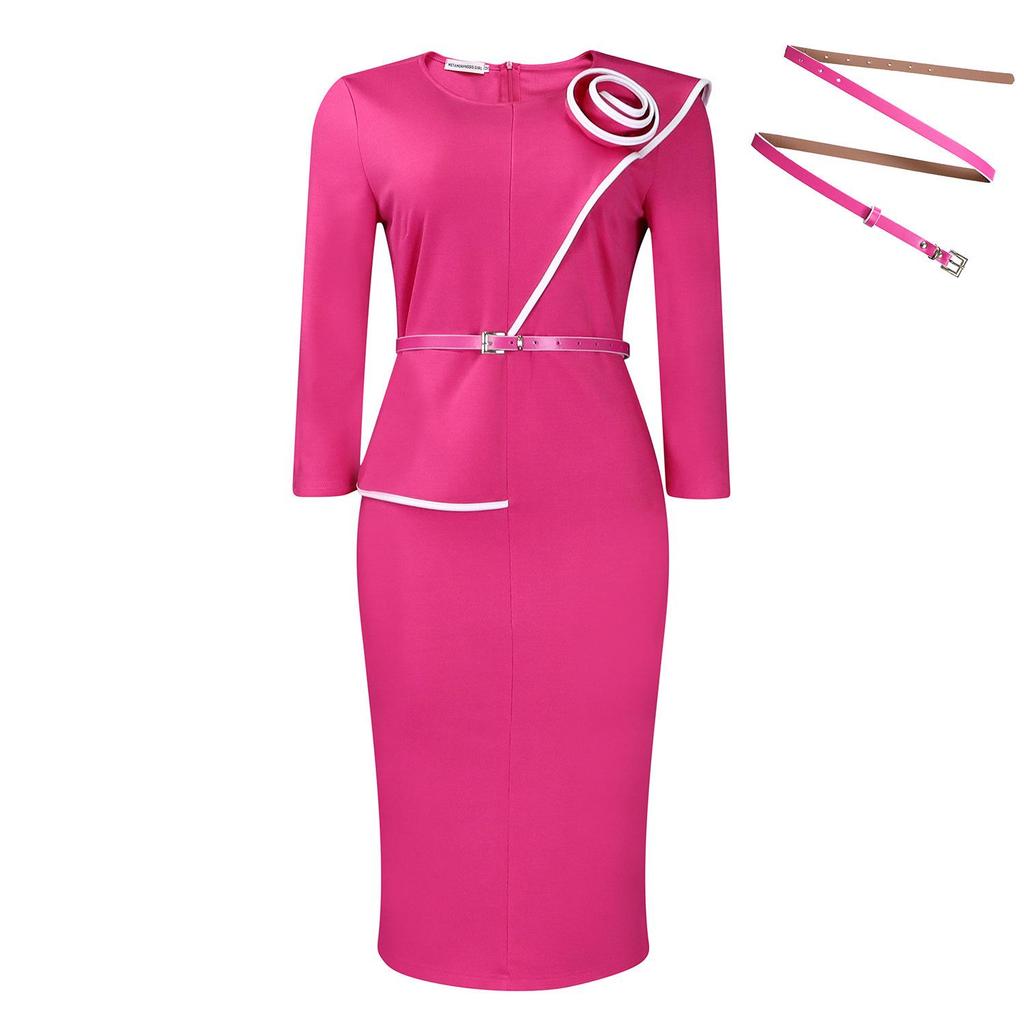 Women's 2025 Autumn Elegant Round Neck Three-Quarter Sleeve Hip-Wrap Dress