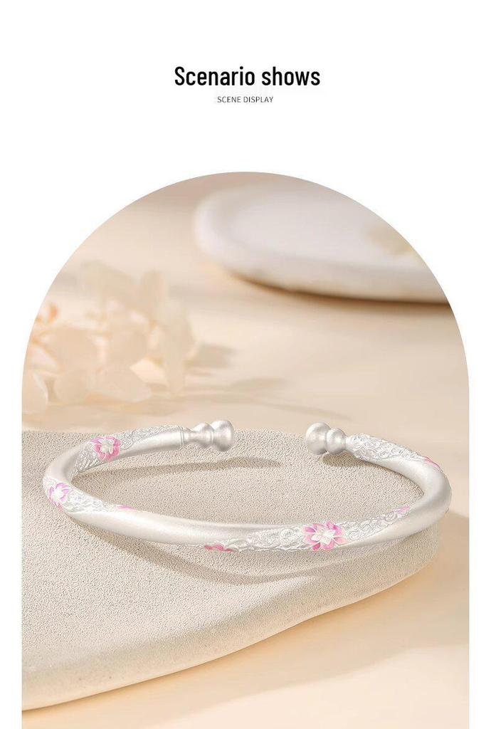Sterling Silver 9999 Enamel Gourd Flower Twisted Bangle for Women - New Chinese National Style Bracelet