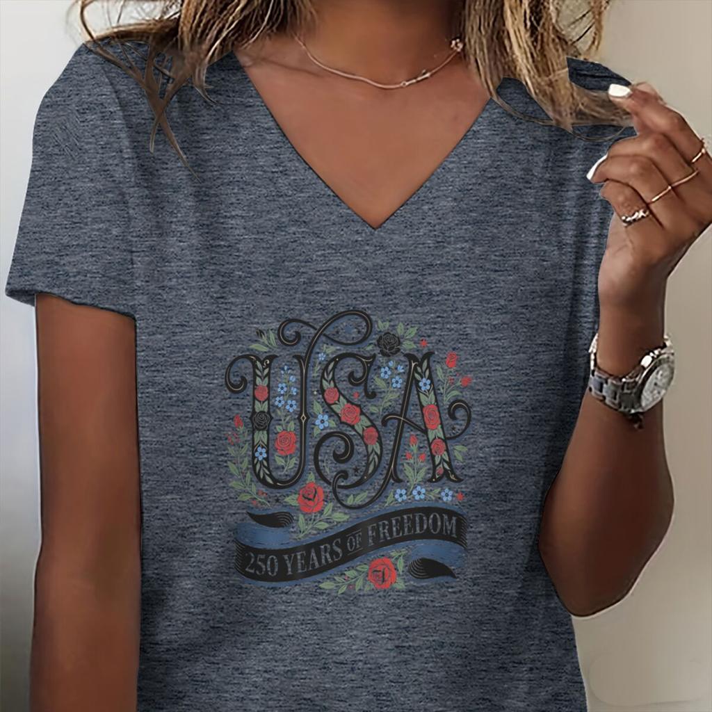 Retro Independence Day T-shirts Short Sleeve V-neck Tops USA Floral Retro Design Shirt USA 250th Anniversary T-shirt