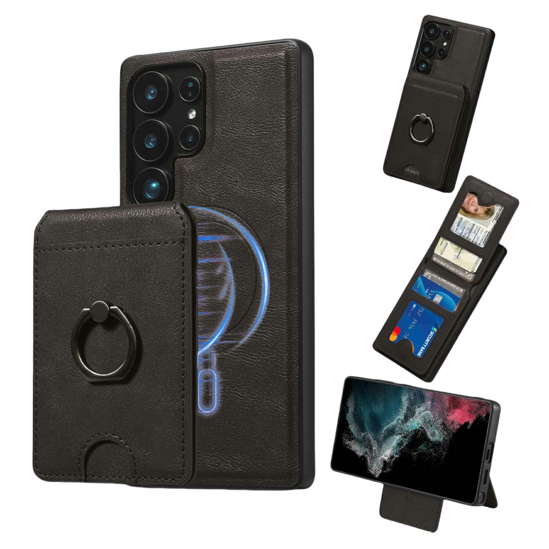 

For Samsung Galaxy S23 Ultra Magnetic Case PC+PU Phone Back Cover with Detachable Card Holder Black