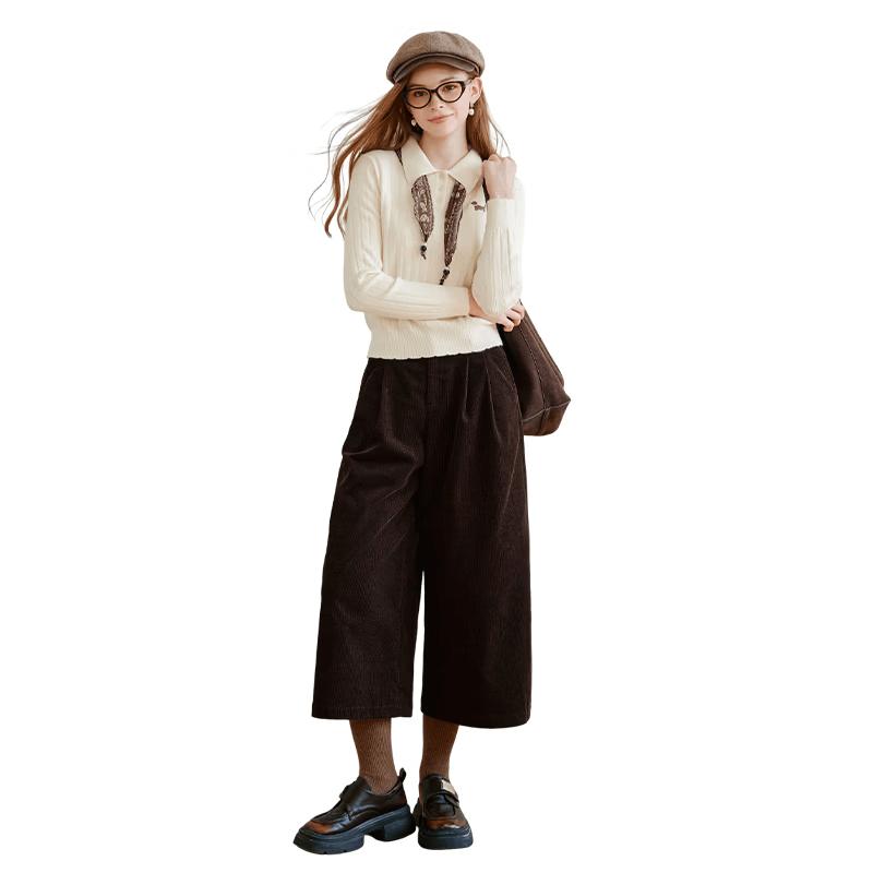 

Xiangying 2025 Winter Maillard Corduroy High-Waist Wide-Leg Cropped Pants L