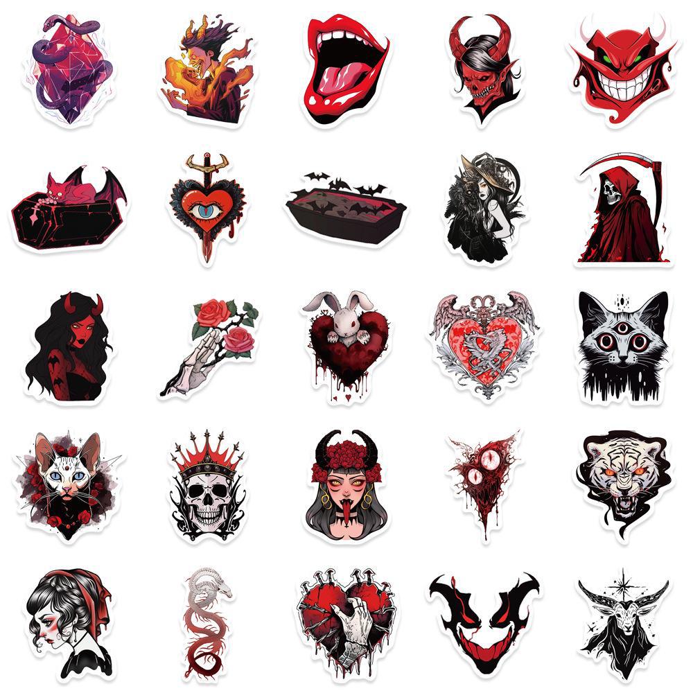 50 Horror Gothic Demon Stickers In Dark Red and Black Punk Style for Halloween Party Decoration.
