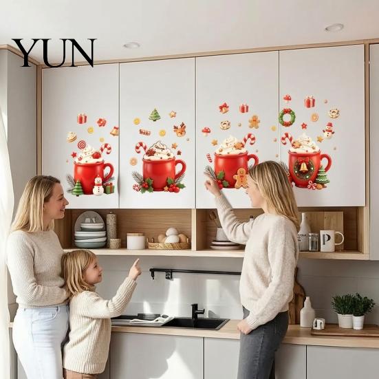 Waterproof Vinyl Kitchen Stickers 2Pcs Christmas Hot Drinks Wall for Cabinets, Self-Adhesive Art Holiday Fridge Decorations Decor, Removable