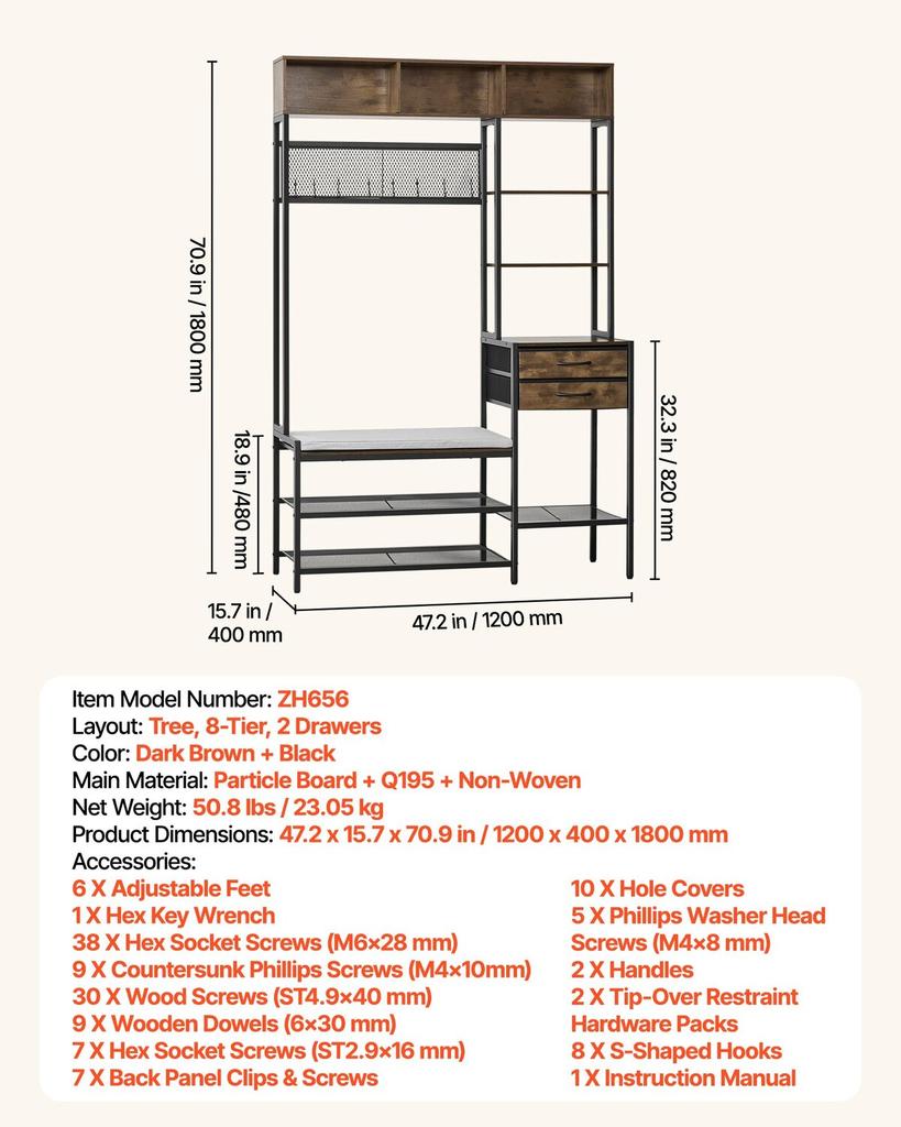 Hall Tree, 1800 mm Coat Rack with Shoe Bench & 2 Drawers, 3-in-1 Freestanding Shoe Rack Storage Organizer with Bookshelf & Wire Shelf, Steel Frame
