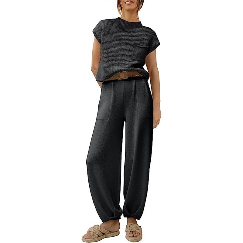 2023 Women's Two-Piece Casual Knit Sweater Set - Short Sleeve, Comfortable Fashion Outfit