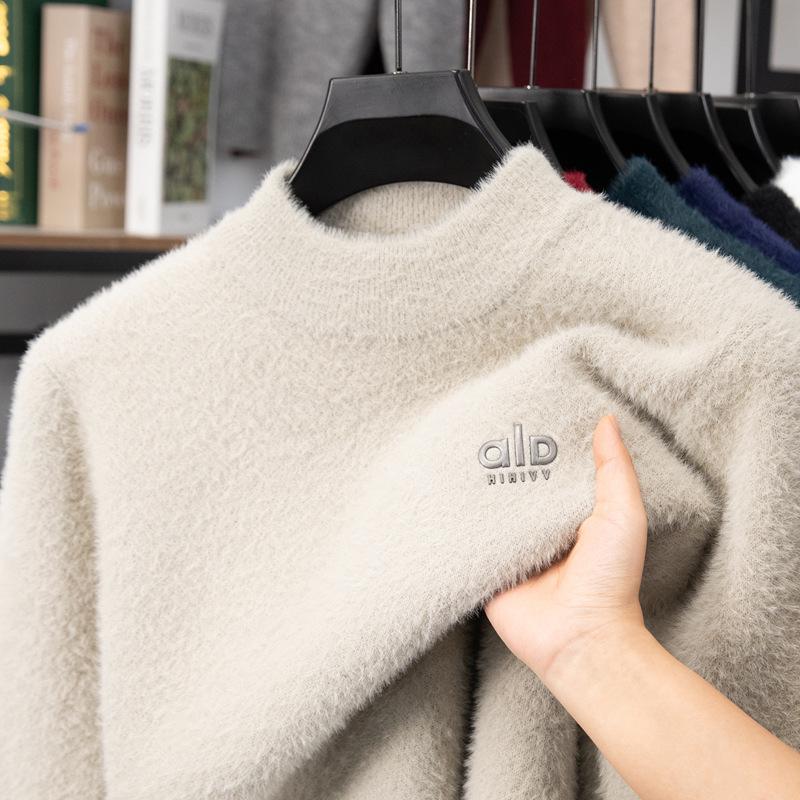 Men s Winter Faux Mink Knit Sweater - Half-High Collar Fleece Base Layer for Warmth, Fashionable Thickened Design 2XL