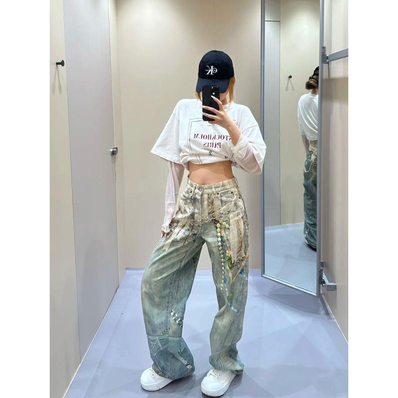 Jeans Casual Strappati con Orlo in Pizzo 3D e Stampa a Catena di Perle