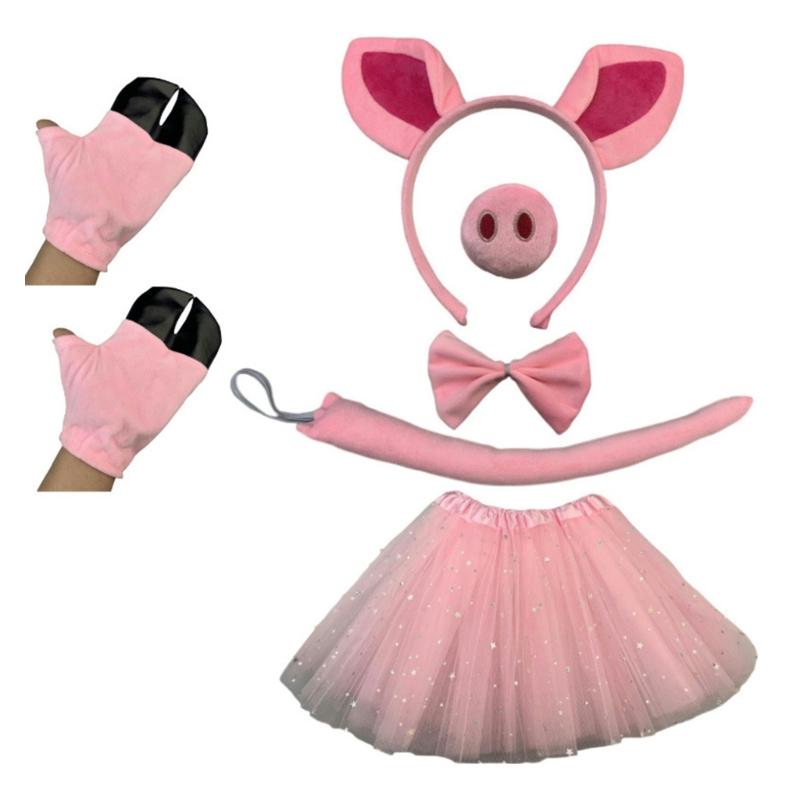 Pig Costume Accessories Set Fuzzy Pink Pig Ears Headband,Bowtie,Snout,Tutus Feet Glove Tail Accessory Kit Piglets Costume
