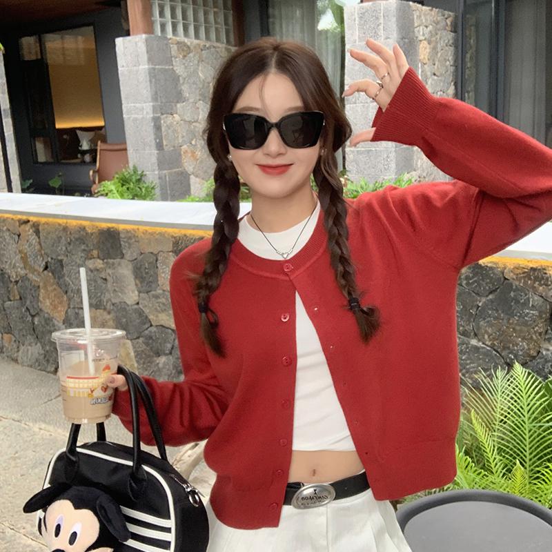 

Spring Autumn Knitted Cardigan Women s Casual Sweater Coats 2026 Long Sleeve Casual Knit Jackets Elegant Fashion New Solid Color Loose O Neck Top One size червоний