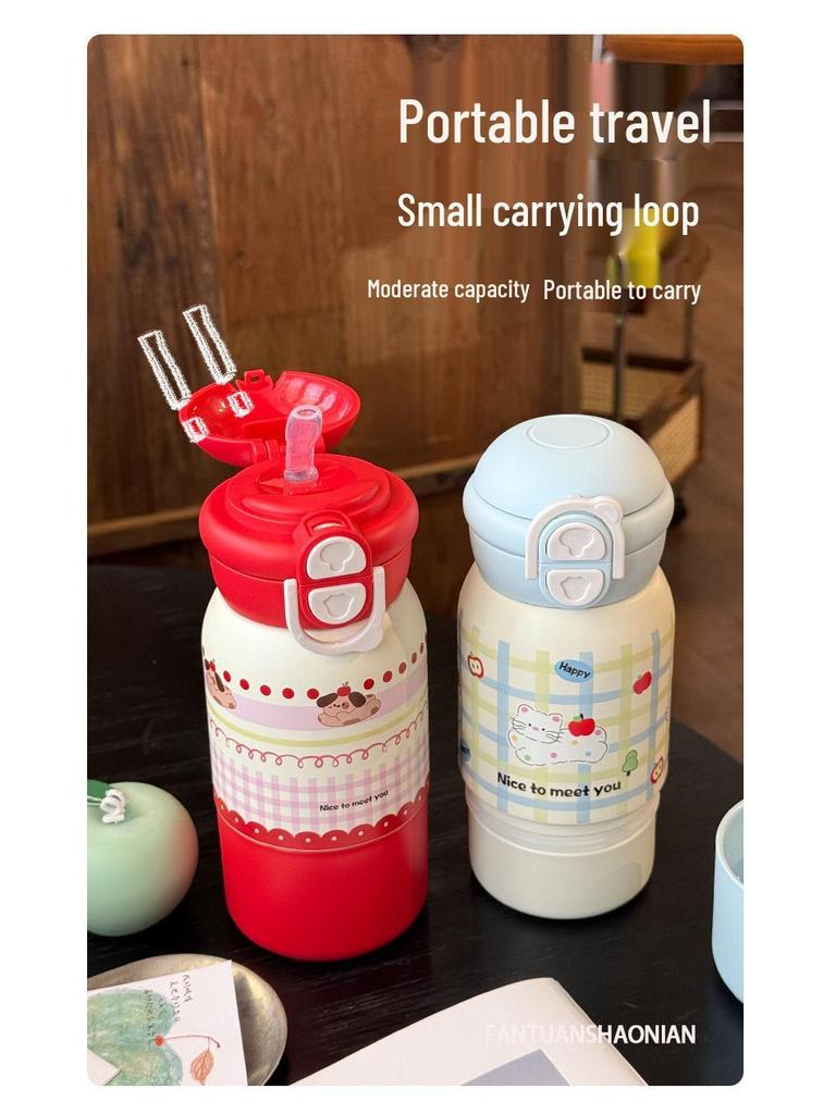 Portable Three-Way Kids Thermos Cup with Straw - Cute Cartoon Design