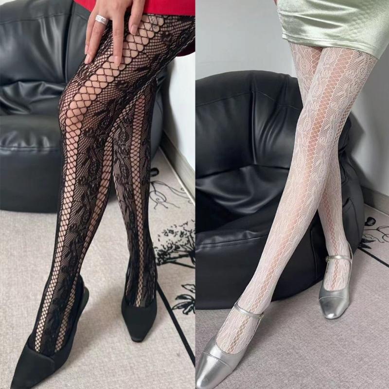 Women French Style Vintage Fishnet Pantyhose Rose Jacquard Patterned Sheer Mesh Tights Side Hollow Out Striped Stockings