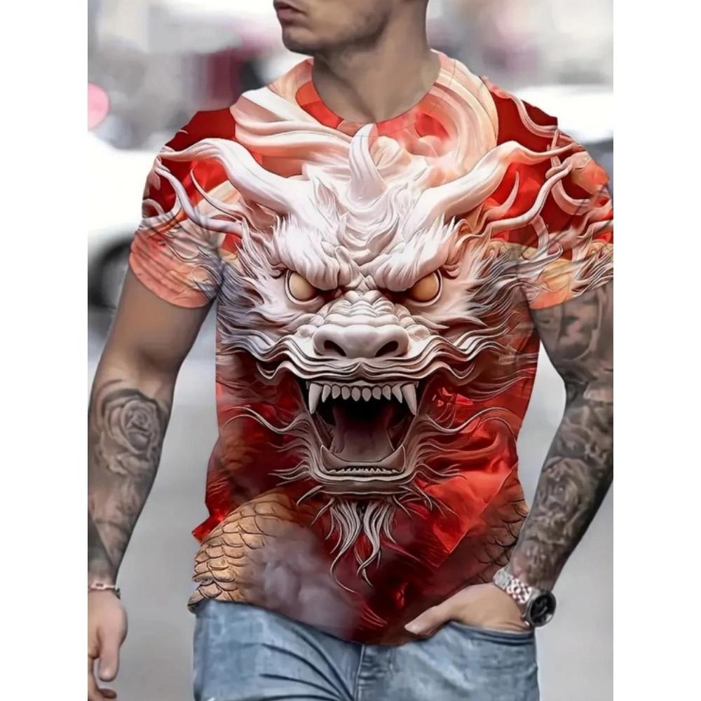 Summer 3D Dragon King Pattern Men's T-Shirt, Street Style Trendy Men's Fashion Loose Casual Short-Sleeve T-Shirt