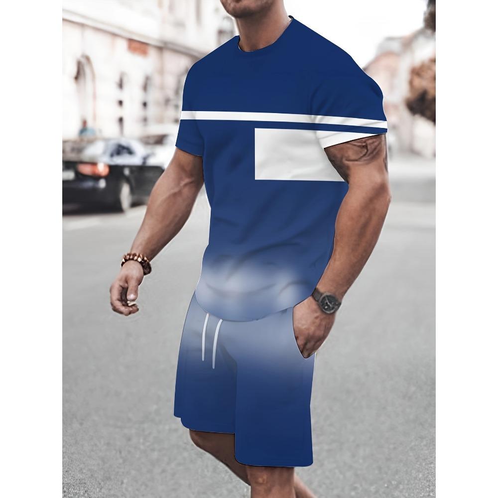 Summer New Arrival Men's Casual Two-Piece Set Striped Print Short-Sleeve Shirt and Athletic Shorts Set Men's Fitness Set