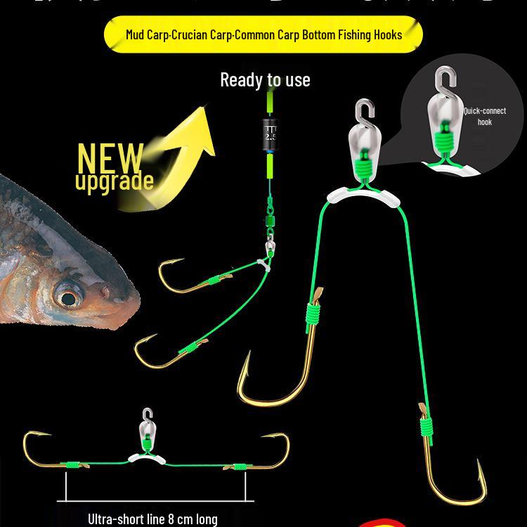 Quick-Hang Gold Sleeve Double Hook, 8cm Anti-Tangle Carp Leader for Crucian and Soil Carp Fishing.