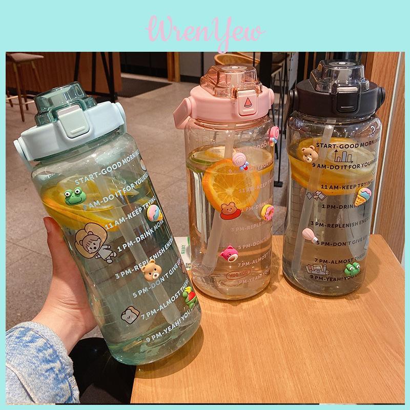 Portable 2l Fitness Bike Water Bottle With Straw And Colorful Sticker Pack