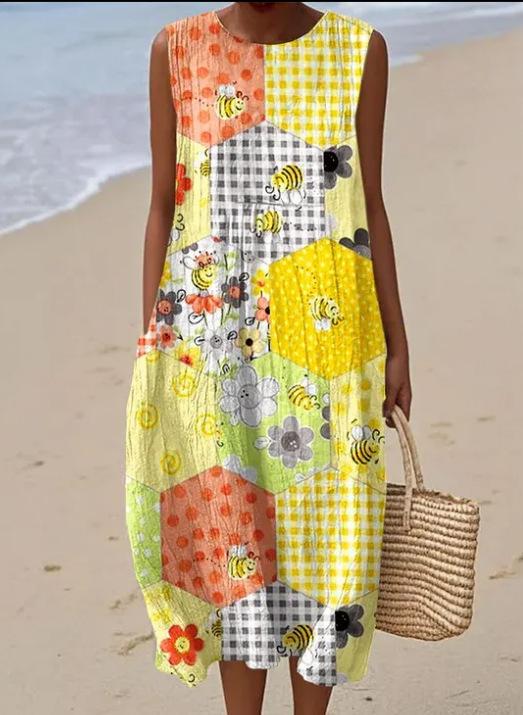 2026 spring and summer new sleeveless pocket print temperament long dress dress small fresh cartoon casual S