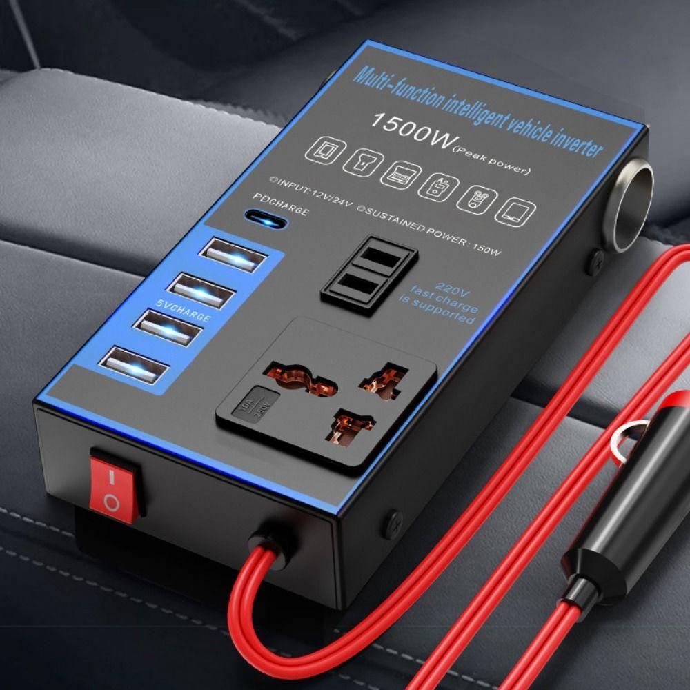 Portable Universal Car Inverter DC 12V/24V To AC 220V High Power Car Converter Socket 4 USB/PD 1500W Power Adapter