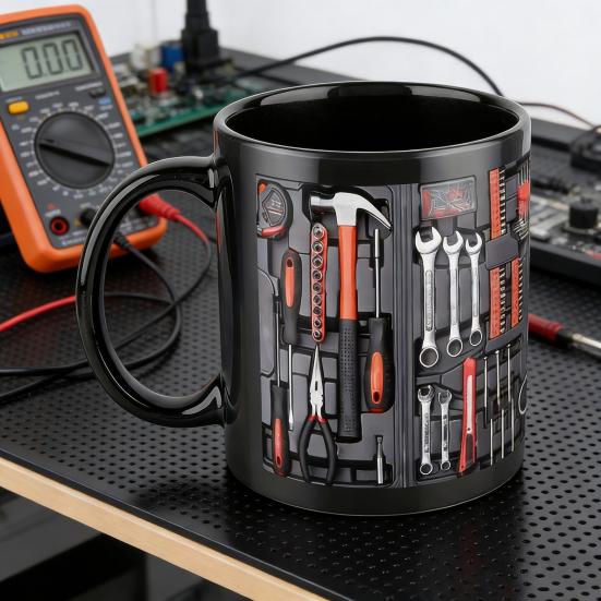 Toolbox Coffee Mug Mechanical Tool Box Mug Ceramic Double-sided Print Ergonomic Handle Cup Microwave Dishwasher Safe Gift for Mechanics Car
