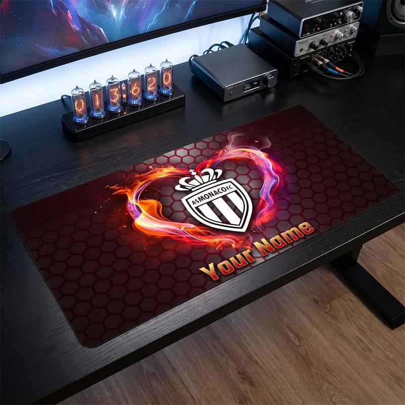 Monaco FC Custom Large Mouse Pad, Personalized Name Text Print, Football Logo Non‑Slip Desk Mat Gaming Gift