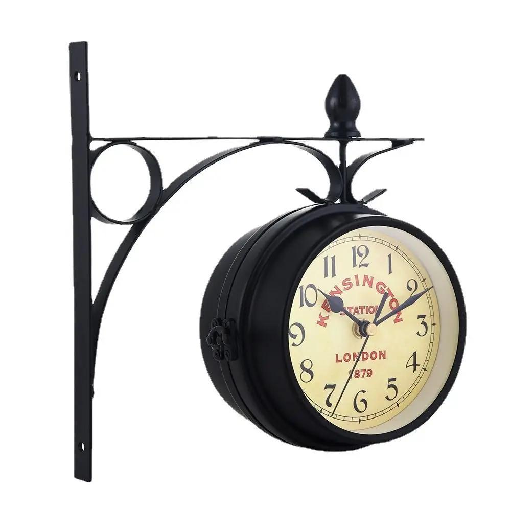 High Quality Retro Wall Clock Double Sided Durable Metal Clock Home Decor Bracket Train Station