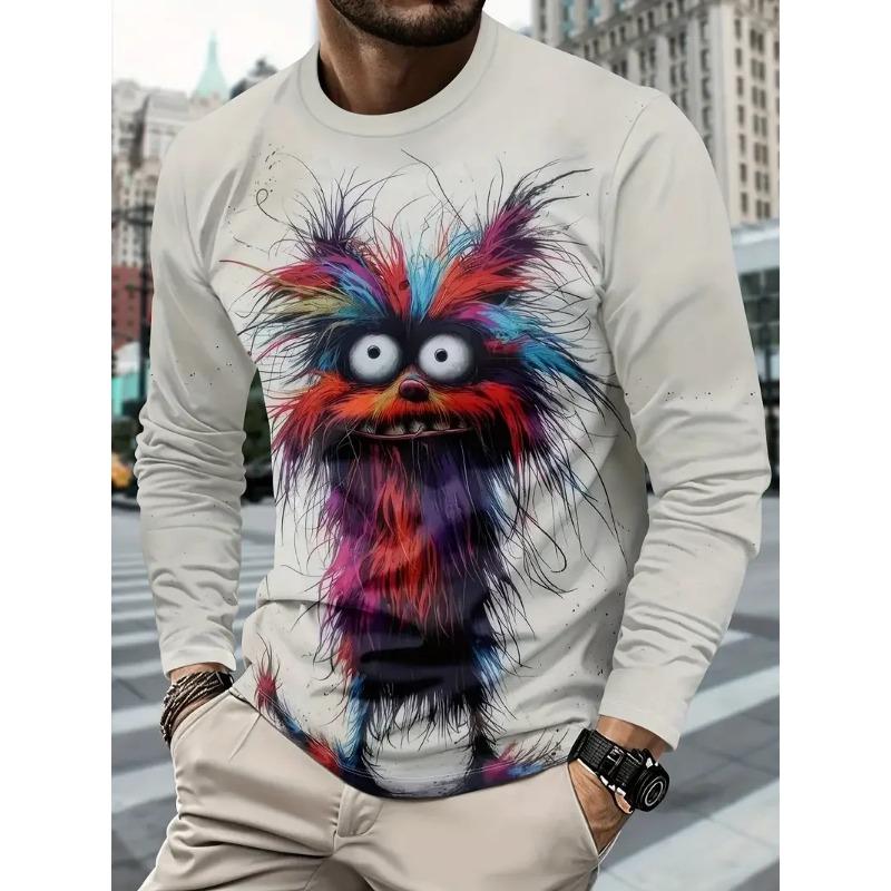 Cartoon Animal Print Men's Long Sleeve T-shirt Casual O-neck Oversized Pullover Autumn Fashion Streetwear Clothing