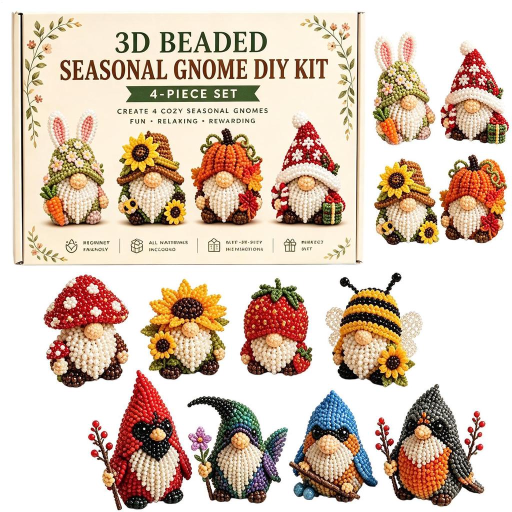 DIY 3D Gnome Bead Embroidery Kits Complete Accessories Beadwork Crafts Kit Cute Bead Craft Set for Teens Girls Women Enthusiasts
