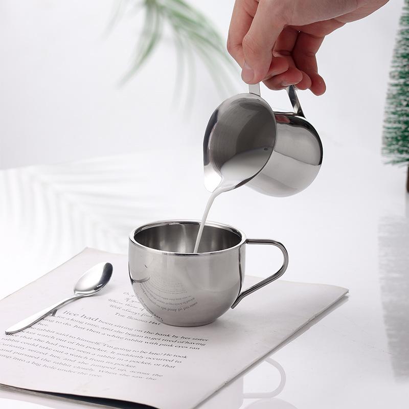 Set of 4 Stainless Steel 3 oz Milk Creamer Cups with Pointed Spout, 90ml Latte Art Cups for Coffee Mixing.