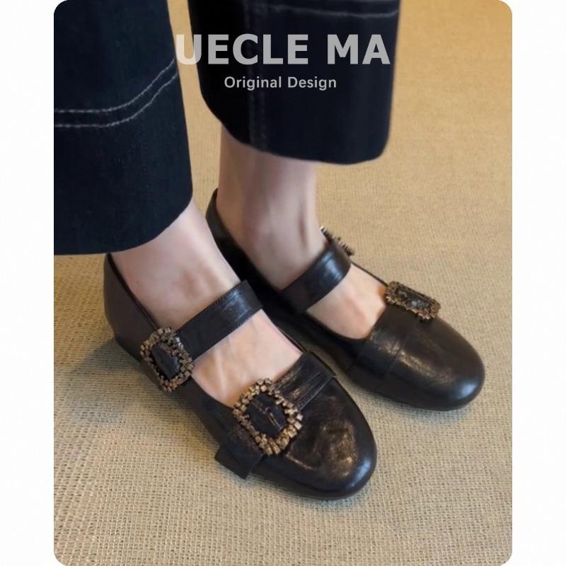 Leather single shoes women's flat commuter ballet shoes gentle evening shoes with skirt one-word buckle Mary Jane shoes