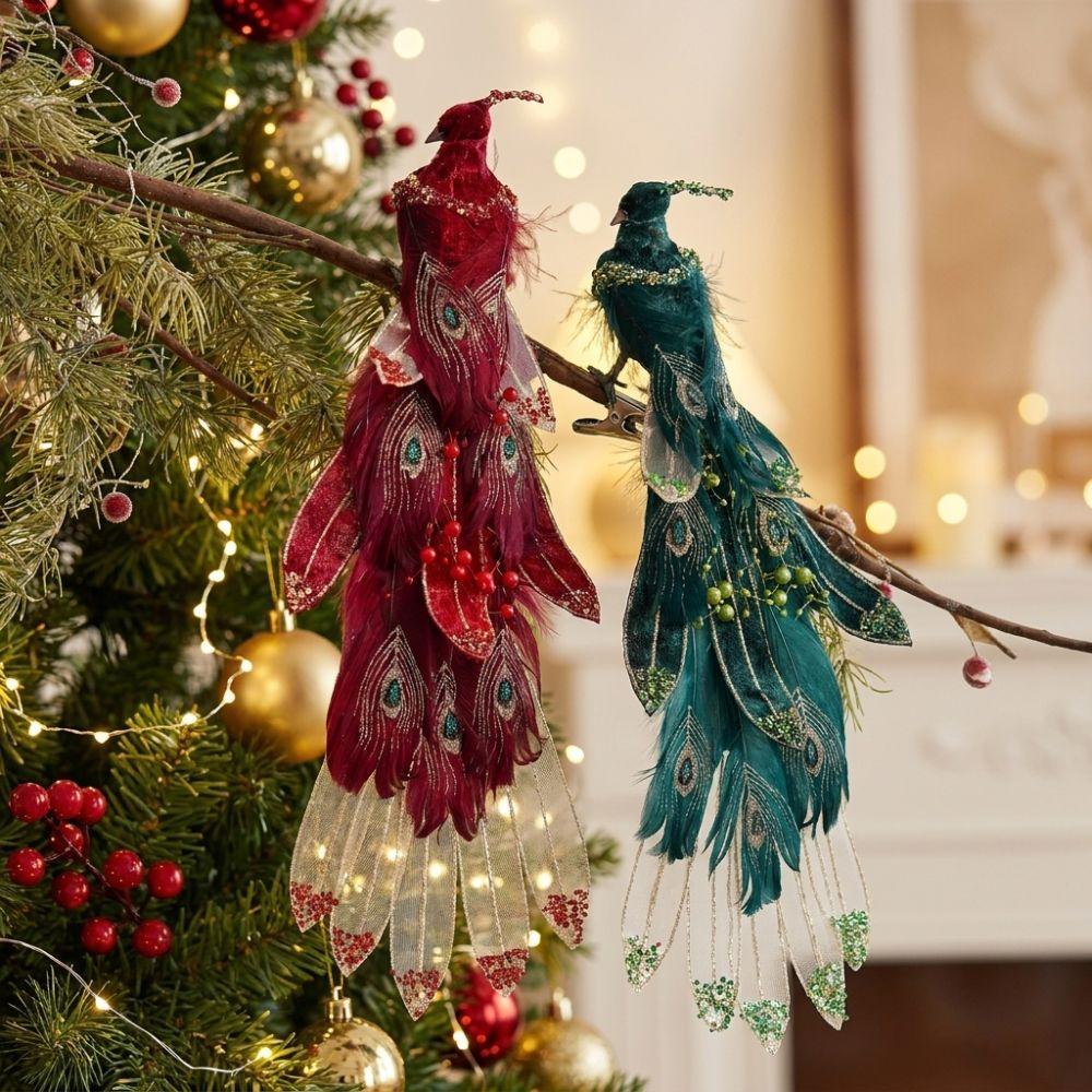 Clip-On Christmas Peacock Ornaments Glitter Feather Artificial Peacock Decor Christmas Season