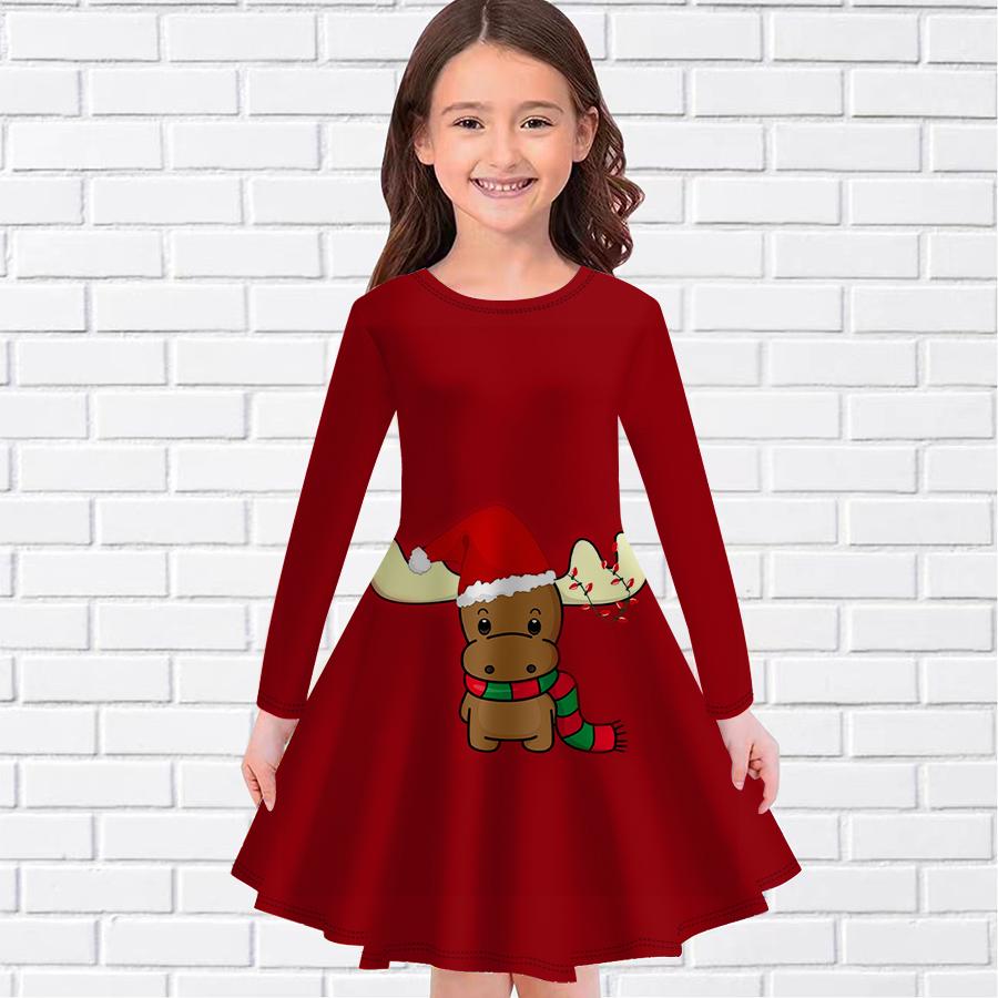 Girl Casual Christmas Gifts Print Round Neck Long Sleeve Dress Kid Princess Dress
