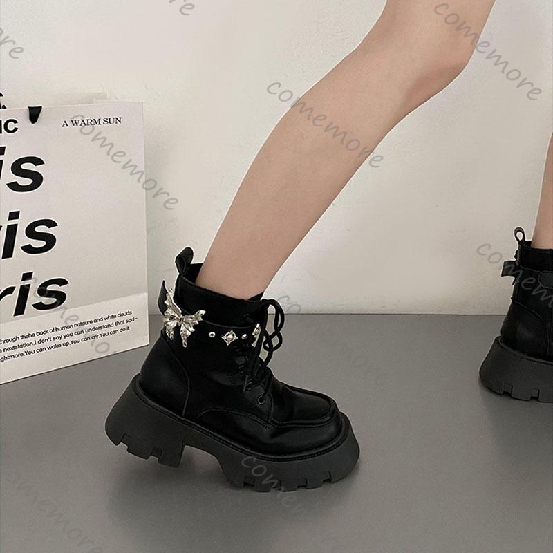 Comemore Sweet Cool Motorcycle Ankle Boots Thick Bottom Women's 2025 New Autumn Retro Short Botines Bow Buckle Shoes for Women