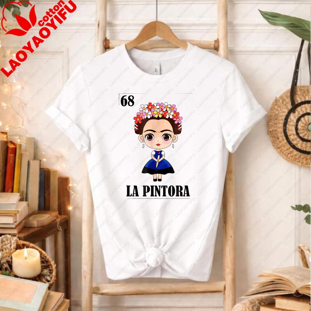 Cute Cartoons Chibi Frida Kahlo TShirt Mexican Artist Kawaii Graphic Tee Art Lover Gift Summer Clothes for Women Shortsleev