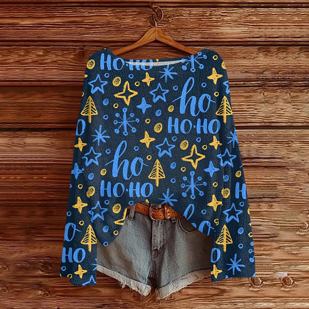 Women's Fashionable Oversized Knitwear Long-Sleeved Christmas Print Top
