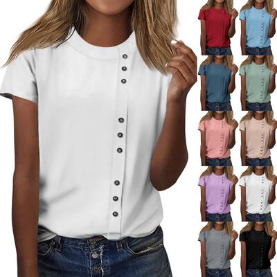 Women's Fashion Casual Round Neck Decorative Button Solid Color Short Sleeved T-shirt Top